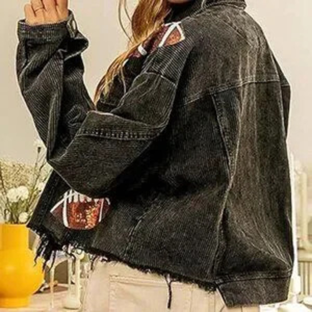 Black Casual Women's Cropped Corduroy Sequin Patched Jacket